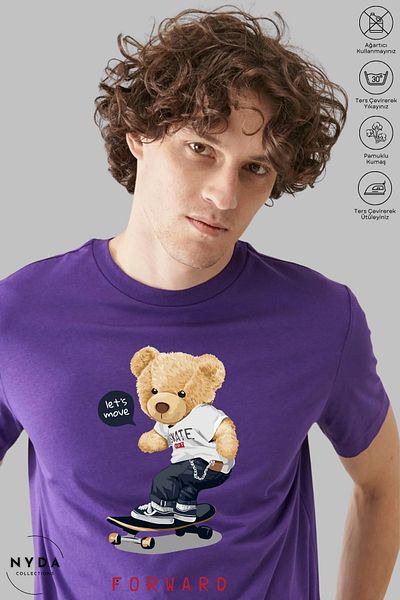Nyda Collections Μπλουζάκι Unisex Crew Neck Teddy Bear με εμπριμέ βαμβακερό κοντομάνικο μπλουζάκι