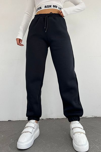 Sun Victoria Μαύρο Fleece Ψηλόμεσο Ελαστικό Jogger Sweatpants - Γυναικείο Βασικό Μοντέλο Χειμώνα