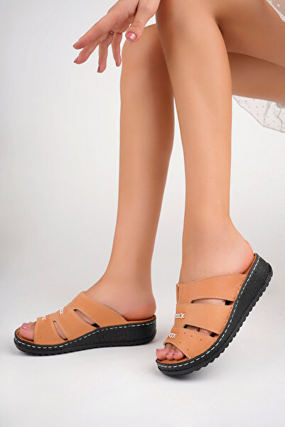 Deripabuc Tan Genuine Leather Women's Slippers - Dp62-0213