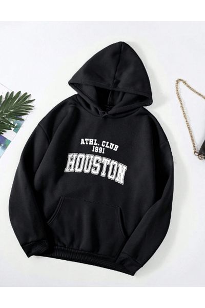 khufu Hanorac cu glugă unisex negru cu imprimeu Houston