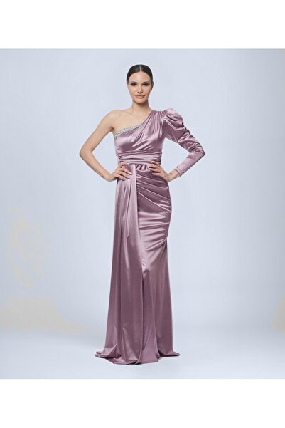 OTHERONE Göğsü Taş Detaylı Tek Kol Uzun Saten Abiye