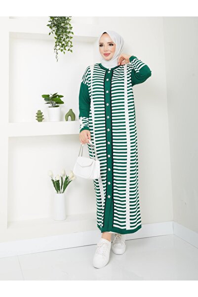 Miraystyle Tam Boy Çizgili Merserize Soğuk İplik Hırka