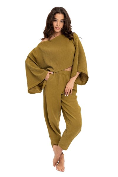 Husufi بلوزة قصيرة من القطن بنسبة 100% باللون الأخضر الزيتي ورقبة قارب