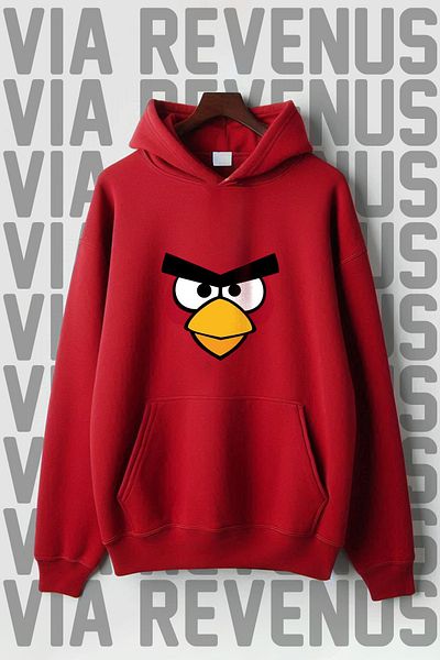 Vordevia Angry Birds Printed - Red Hooded, 3 Thread Raster, Wide Fit Sweatshirt