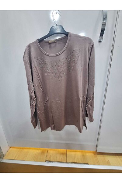 NUR TEKSTİL Kadın Anne koyu bej Viskon Pamuklu Penye Yakası Boncuk Işlemeli U...