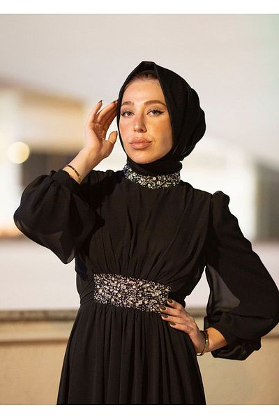 MERVEPLUME Black Chiffon Hijab Evening Dress - Stone Detailed