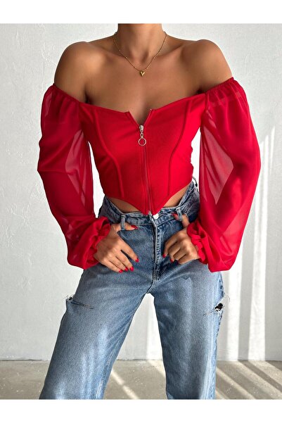 aytenli Lightweight Chiffon Sleeve Zippered Ottoman Triangle Blouse