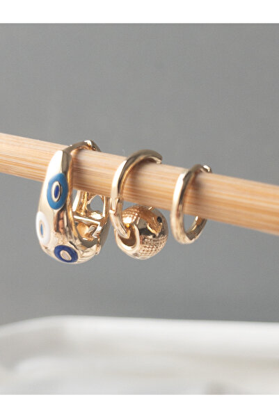 Siya Silver VİP Seri Nazar Boncuk Desenli 3'lü Kadın Küpe