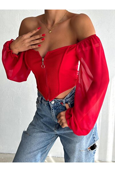 aytenli Lightweight Chiffon Sleeve Zippered Ottoman Triangle Blouse