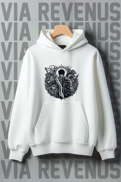 Vordevia Біла худі з капюшоном і принтом Berserk, широкий крій, 3 нитки, кишеня-кенгуру