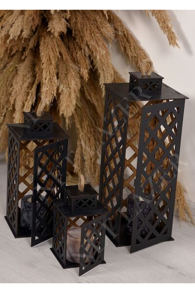 NET Dekoratif 3lü Fener Mumluk Siyah