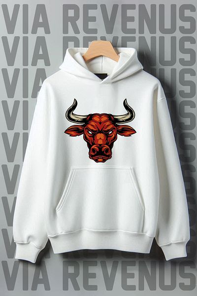 Vordevia Bull Printed 3 Thread Oversize Hooded Sweatshirt - Kangaroo Pocket