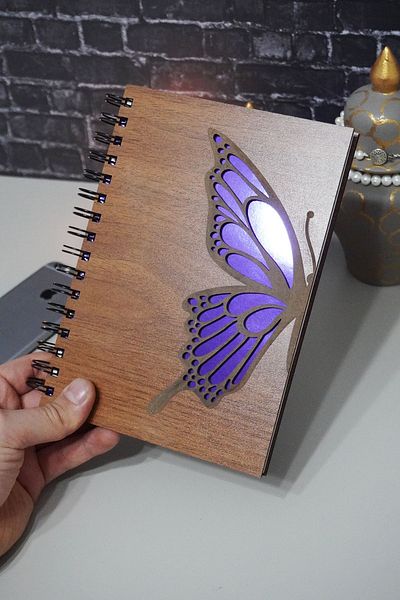 markcat Wooden Notebook Butterfly Patterned - Agenda and Daily Use - Unlined Memory Book - Gift