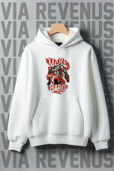 Vordevia White Hooded Bodybuilding Printed 3 Thread Wide Fit Sweatshirt