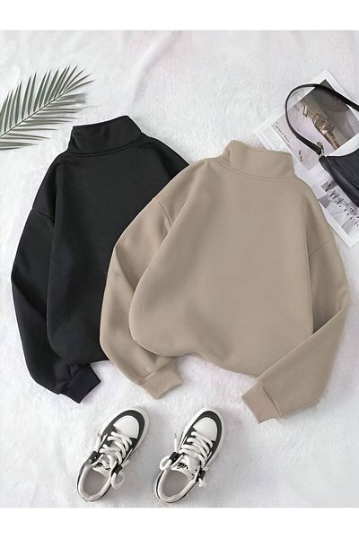 trendgar BEIGE and BLACK - Stand Collar Half Zippered Flat Sweater