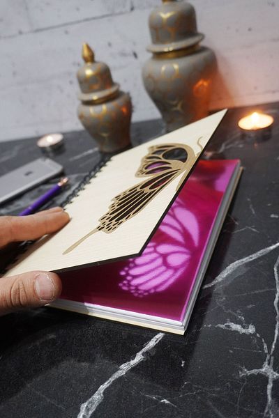 markcat Butterfly Patterned Diary Notebook with Wooden Cover - Agenda - Unlined Notebook