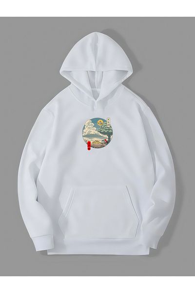 Harmandar Totoro Printed Unisex Φούτερ με λευκή κουκούλα - Hoodie Kangaroo Pocket