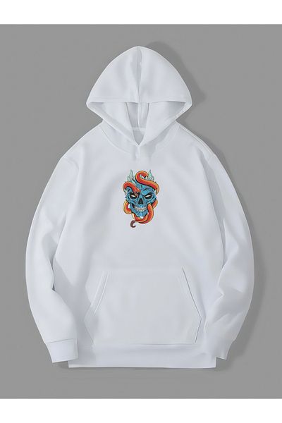 Harmandar Φούτερ με κουκούλα Unisex White Snake Skull Printed Hooded - Hoodie Kangaroo Pocket
