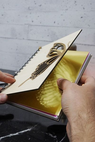 markcat Butterfly Patterned Notebook with Wooden Cover - Agenda/Diary - Unlined - A5 (120 Pages) Gift