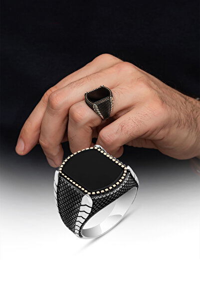 ALYANSEVİM Oniks Siyah Taşlı İsimli 925 Gümüş Erkek Yüzük