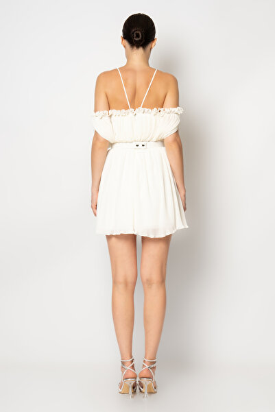 RENGIN Göğüs dekolteli ince askılı komple piliseli şifon abiye elbise