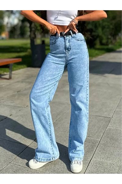 TRENDNATUREL Ceen Women's Light Blue High Waist Wide Leg Palazzo Jeans