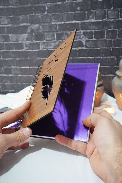 markcat Feather Patterned Bird Notebook with Wooden Cover - A5 Picture Notebook - Unlined School Notebook