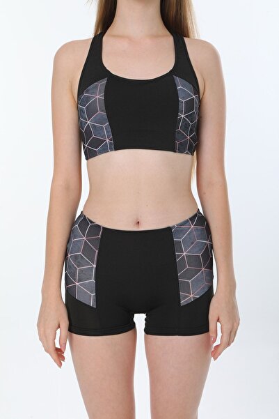 Swana Kadın Siyah Desenli Şortlu Bikini Takımı