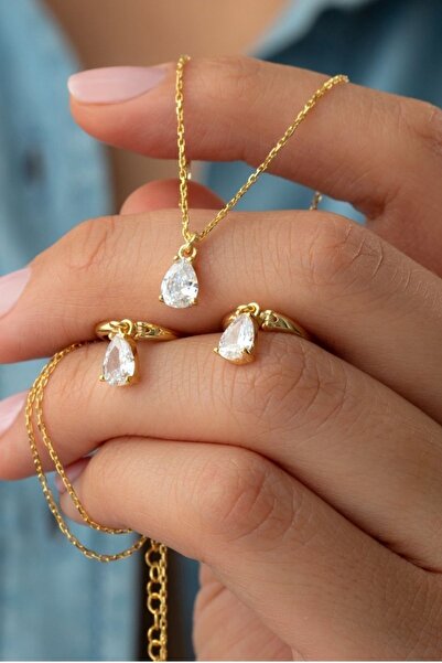 Silvano Jewelry 925 Ayar Gümüş Damla Taşlı Kolye-küpe Seti