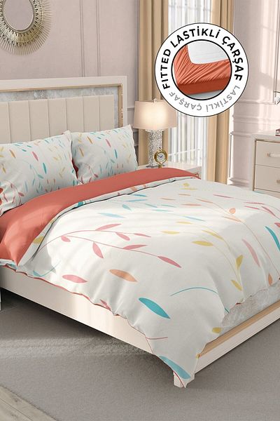 MonoHome 100% Cotton Satin Double Duvet Cover Set with Elastic Sheets and Leaf