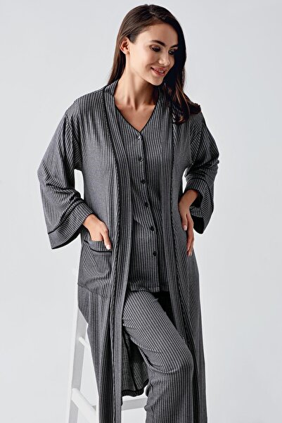 Artış Flexible Viscous Maternity Pajamas and Dressing Gown Set - Long Sleeve, Buttoned 15307