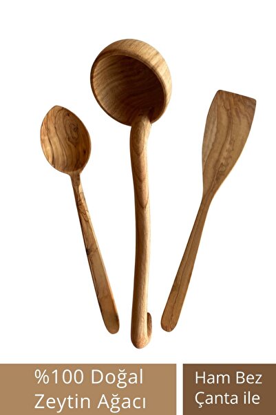 kybele goods Tahta Kaşık Kepçe Spatula 3'lü Set - Zeytin Ağacı El Yapımı Taht...