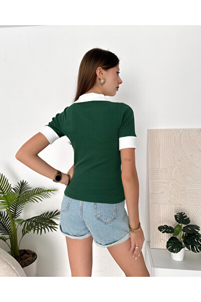 Chicup Γυναικεία πλεκτή μπλούζα με πράσινη λαιμόκοψη πόλο