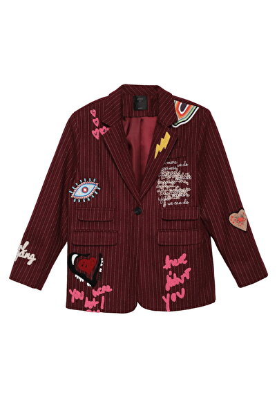 Quzu Claret Red Oversize Jacket - Embroidery Detailed
