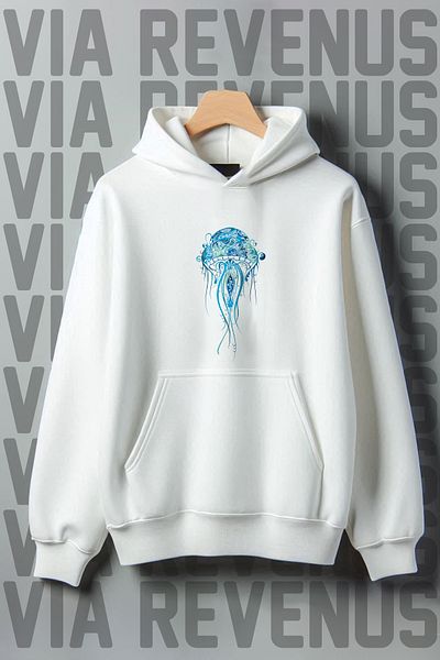 Vordevia Jellyfish Patterned - 3 Thread Kangaroo Pocket, Oversize Hooded Sweatshirt