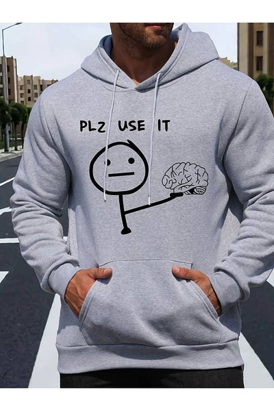 PALPİTO Мъжки сив суитшърт с качулка и 3 нишки с щампа Plz Use It