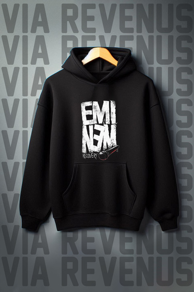 Vordevia Hanorac negru oversize cu glugă cu imprimeu Eminem - Buzunar cangur, raster cu 3 fire