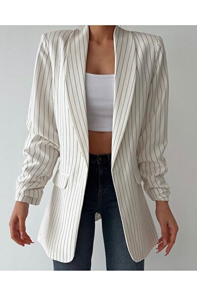 Leos Moda İnce Çizgili Beyaz Rahat Kalıp Blazer Ceket Kadın