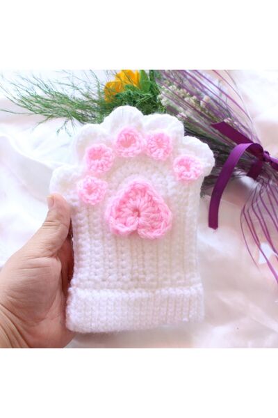akcepazar Handmade Fingerless Winter Gloves with Paws White Korean Model