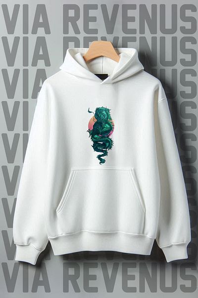 Vordevia White Hooded Dragon Printed Wide Fit Sweatshirt - 3 Thread Raster Kangaroo Pocket