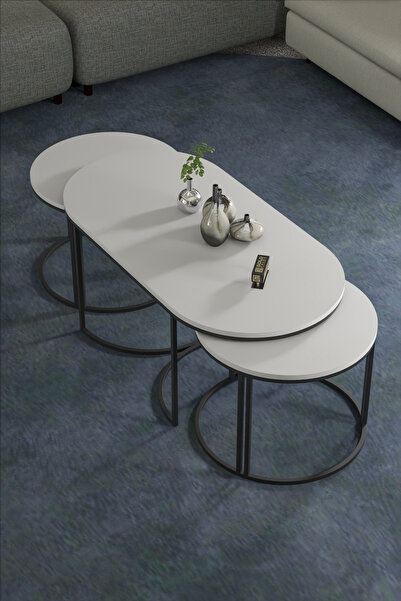 GOLDFALEZ Orta Sehpa Zigon Sehpa Yan Sehpa 3 Lü Set Dolunay Beyaz