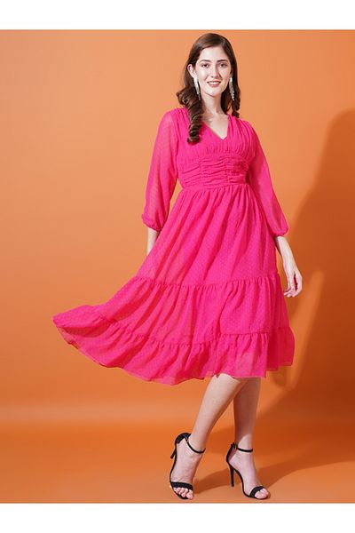 U&F By Styli Dobby V Neck Tiered Midi Dress