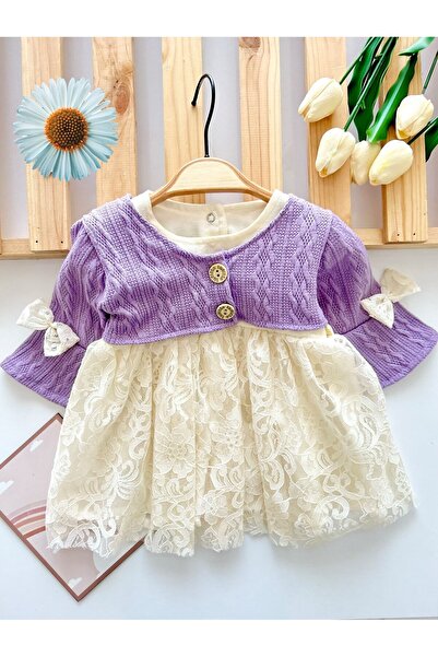 Tufitto Kanatlı Triko Bolerolu Kız Bebek Elbise