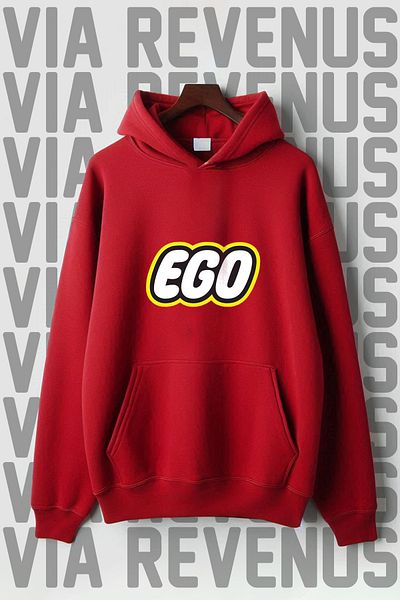Vordevia Червен суитшърт с качулка и щампа EGO - голям размер - повдигнат с 3 нишки