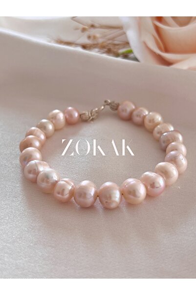 Zokak Sertifikalı Doğal Taş Inci Gümüş Bileklik, 925 Ayar Inci Bileklik, Beyazve Pembe Barok Inci Bileklik