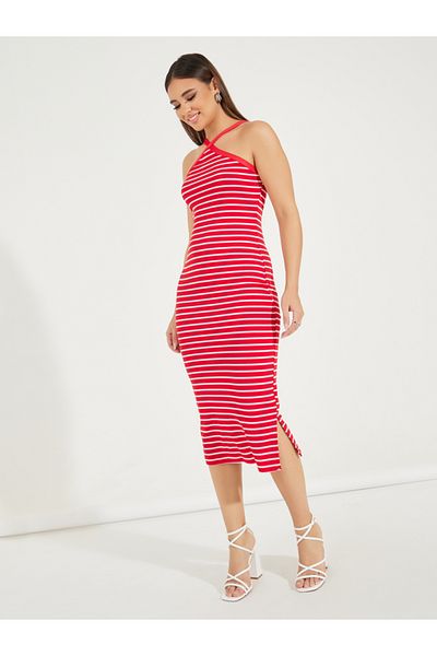 Styli Striped Halter Neck Bodycon Midi Dress