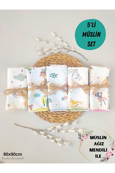 Tomuycuk 5-piece Muslin Baby Blanket - Oeko-texli, 100% Cotton, Patterned Newborn 90x80cm