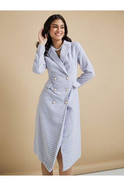 Styli Houndstooth Pattern Tweed Blazer Knee Length Dress