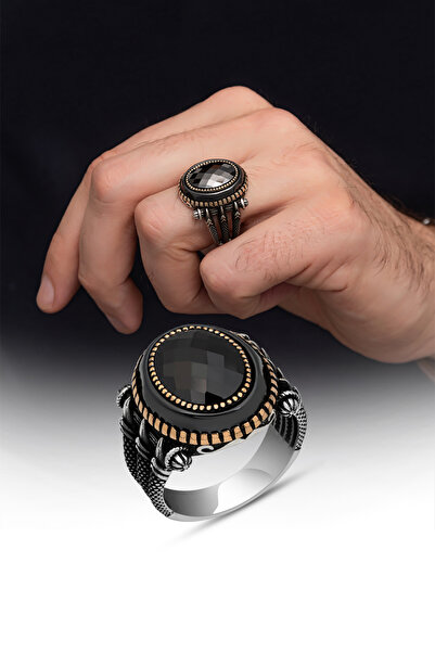 ALYANSEVİM Siyah Taşlı Pençe Motifli 925 Gümüş Erkek Yüzük