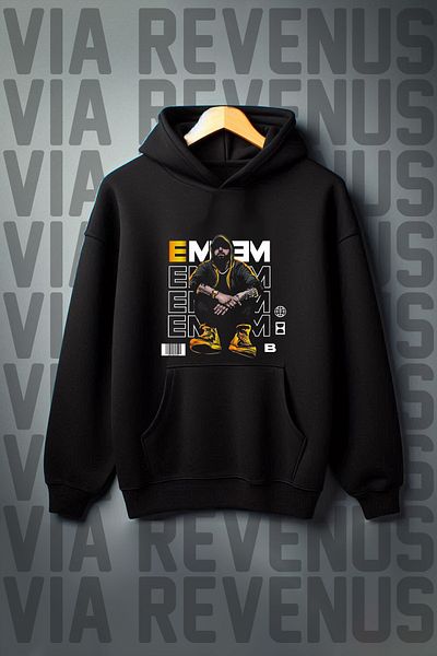 Vordevia Eminem Printed Kangaroo Pocket 3 Thread Raster Oversize Wide Fit Black Hooded Sweatshirt